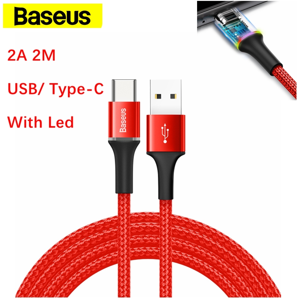 Phone Cable Baseus Halo data cable USB to Type C for Samsung with Led 2A 2m Red