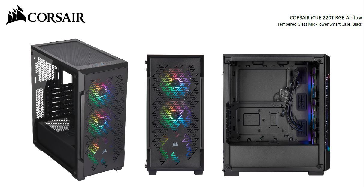 Corsair iCUE 220T RGB Airflow Smart ATX, mATX, Mini-ITX Case, 3x SP120 Fan, Lighting Node Core  - Black. 2 Years Warranty.