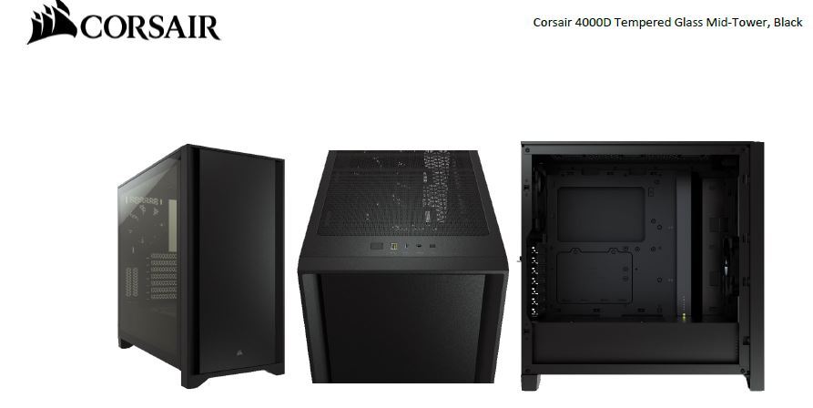 Corsair Carbide Series 4000D Solid Steel Front ATX Tempered Glass Black, 2x 120mm Fans pre-installed. USB 3.0 x 2, Audio I/O. Case