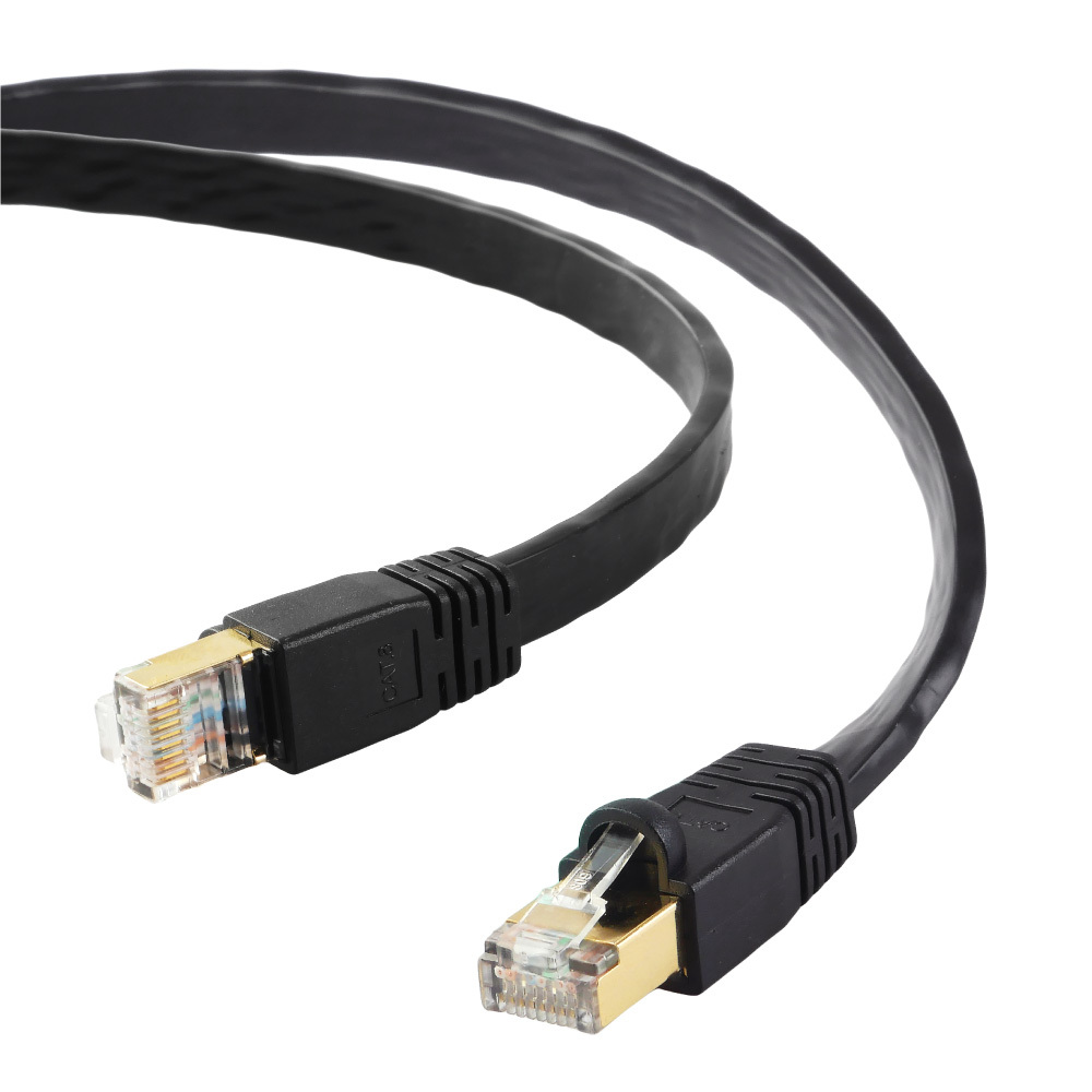 Edimax 2m Black 40GbE Shielded CAT8 Network Cable - Flat 100% Oxygen-Free Bare Copper Core, Alum-Foil Shielding, Grounding Wire, Gold Plated RJ45
