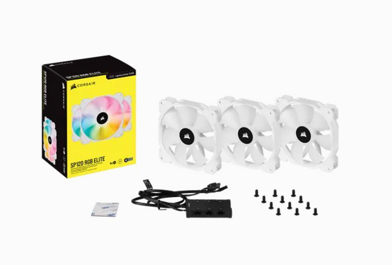 Corsair White SP120 RGB ELITE, 120mm RGB LED PWM Fan with AirGuide, Triple Pack with Lighting Node CORE