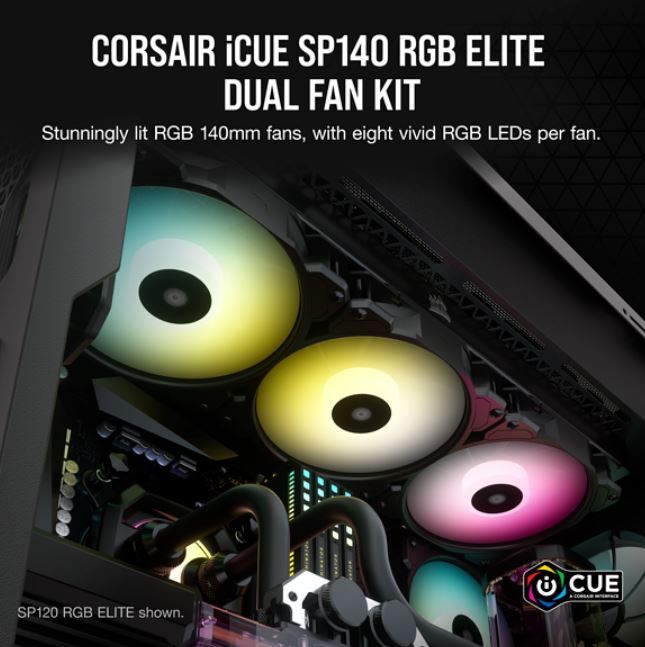 Corsair SP140 RGB ELITE, 140mm RGB LED Fan with AirGuide, Dual Pack with Lighting Node CORE