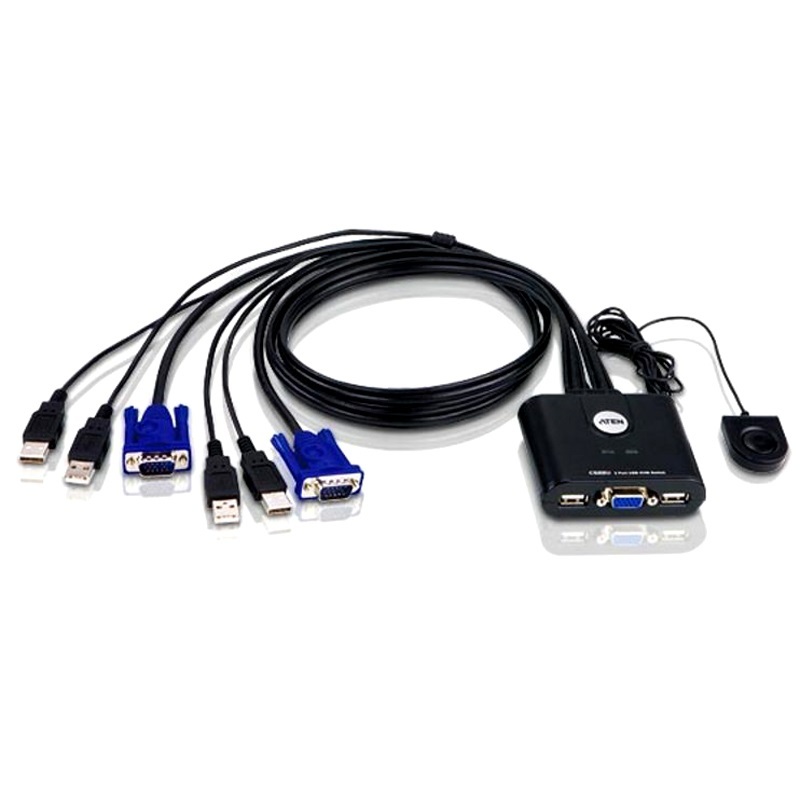Aten Compact KVM Switch 2 Port Single Display VGA, Remote Port Selector, USB Hot-Plugging