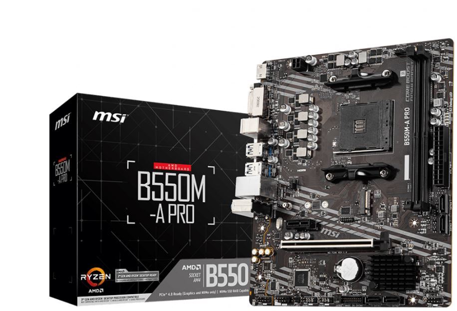 MSI B550M-A PRO Motherboard AMD Ryzen AM4 DDR4 2x DIMM Slots (Max 64GB) 1x PCI-e 4.0 HDMI DVI 1x M.2 4x SATA3 6x USB 3.2 Gen 1 6x USB 2.0