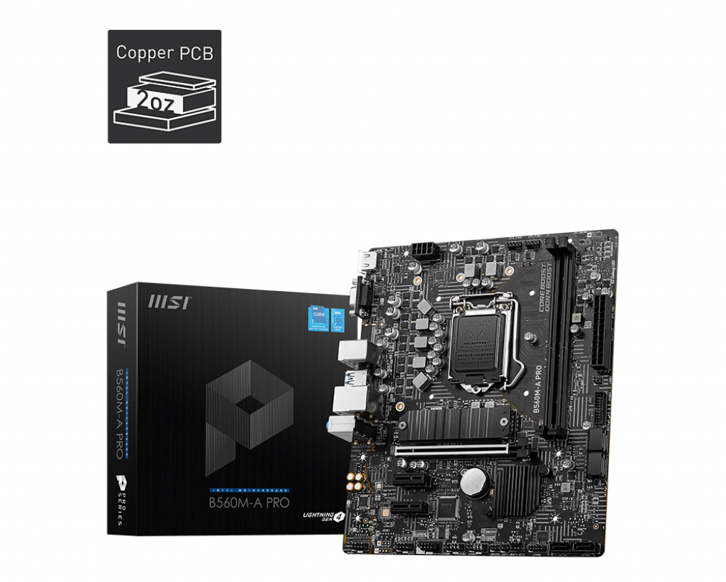 MSI B560M-A PRO Intel mATX Motherboard, 2x DDR4 ~64GB, 1x PCI-E x16, 2x PCI-E x1, 6x SATAIII, 1x M.2, 4x USB 3.2, 2x USB 2.0