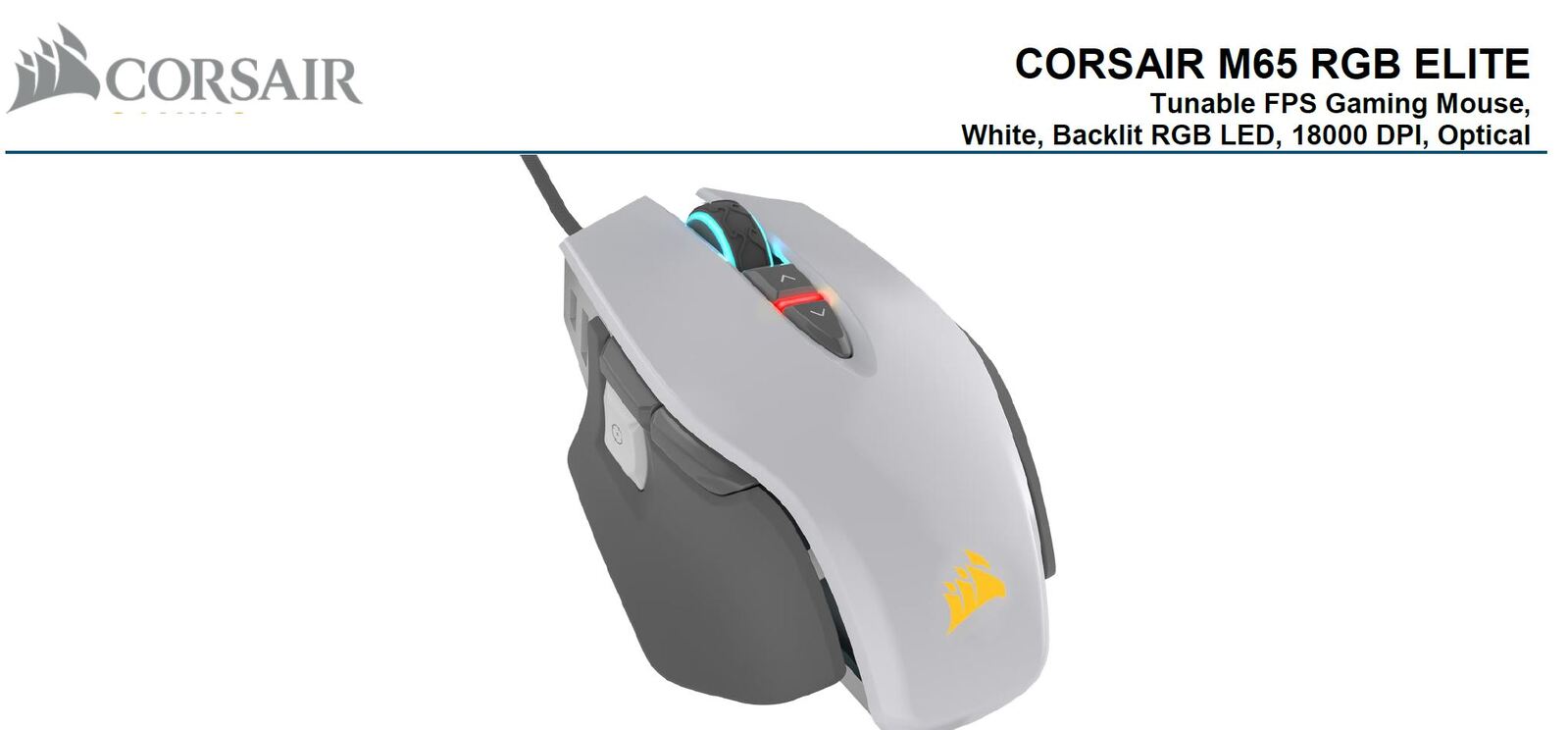 Corsair M65 RGB ELITE Tunable FPS Gaming Mouse White with Black, 18000 DPI, Optical, iCUE Software.