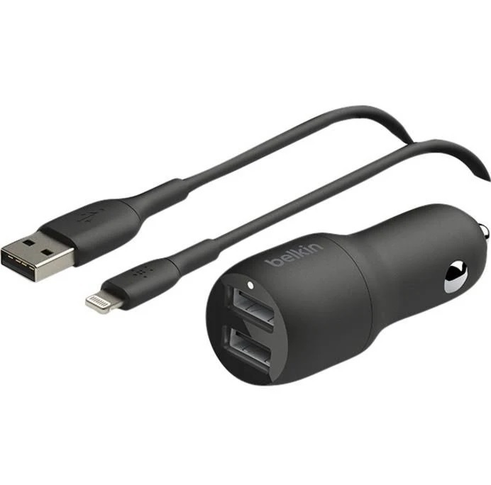 Belkin BOOST???CHARGE??? Dual USB-A Car Charger 24W + USB-A to Lightning Cable - Dual ports charge two devices at once from a single car power socket