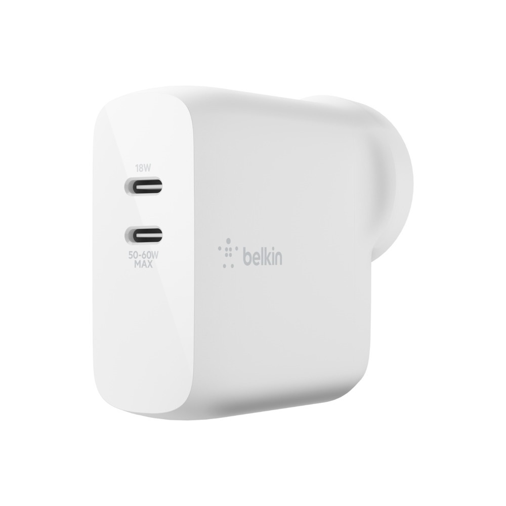 Belkin BOOST???CHARGE??? Dual USB-C PD GaN Wall Charger 68W - White - 68W total output, two USB-C ports