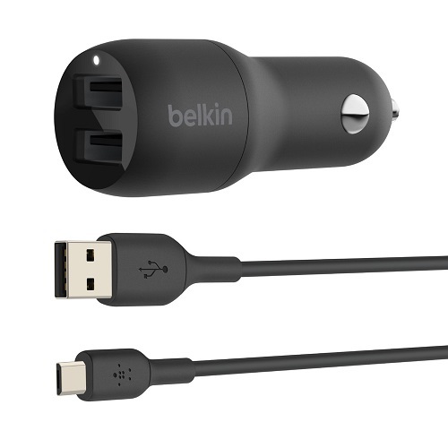 Belkin BOOST???CHARGE??? Dual USB-A Car Charger 24W+USB-A to Micro-USB Cable - Black -Dual ports charge two devices at once from a single car power so