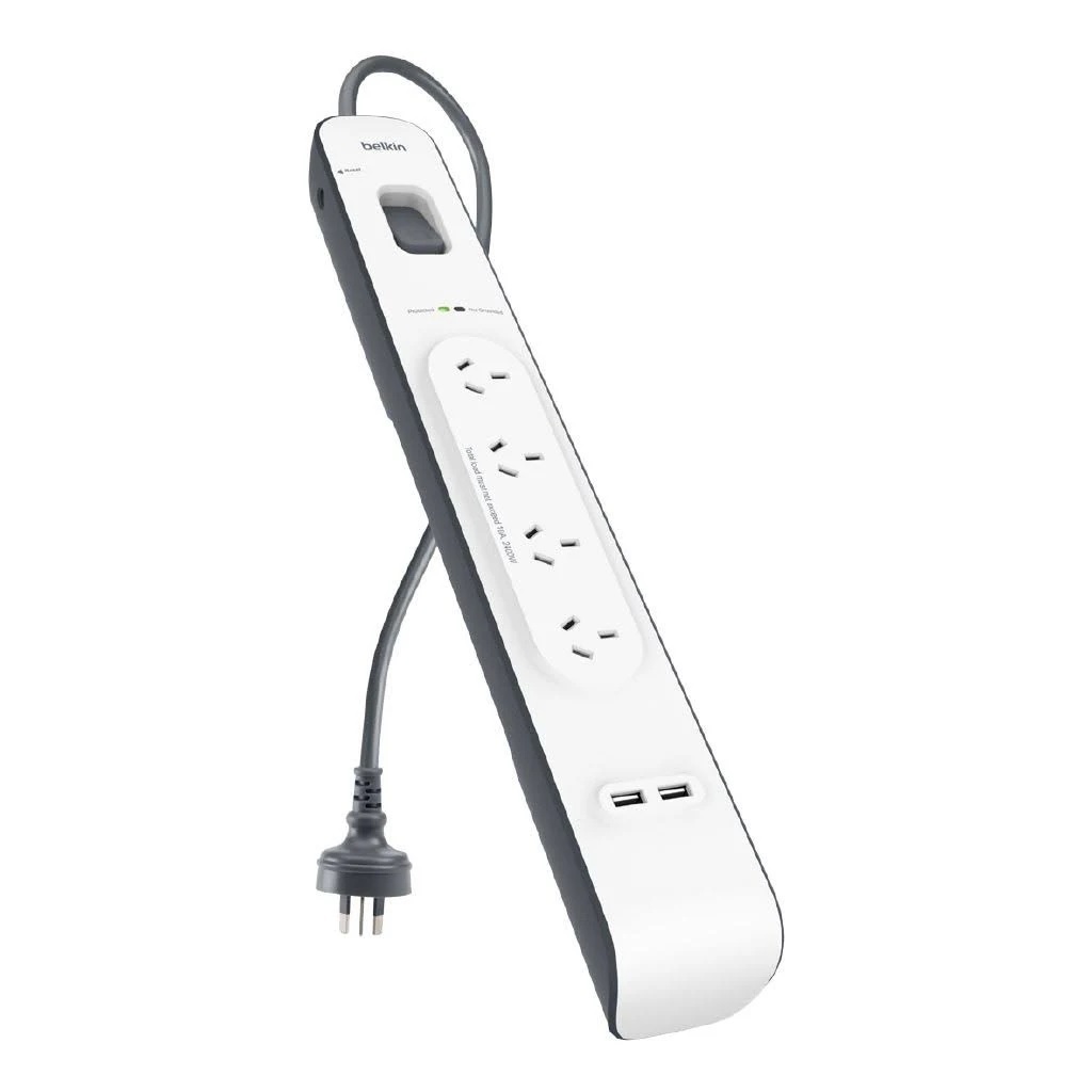 Belkin 2.4 Amp USB Charging 4-outlet Surge Protection Strip (BSV401au2M) - White/Grey