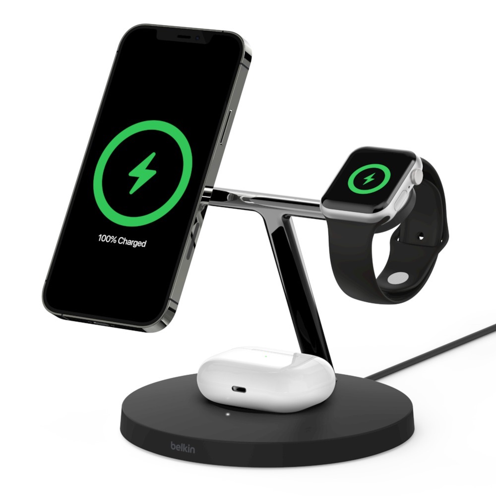 Belkin Boost Charge Pro 15W 3-in-1 Wireless Charger with MagSafe - Black - Up to 15W wireless charging for your iPhone