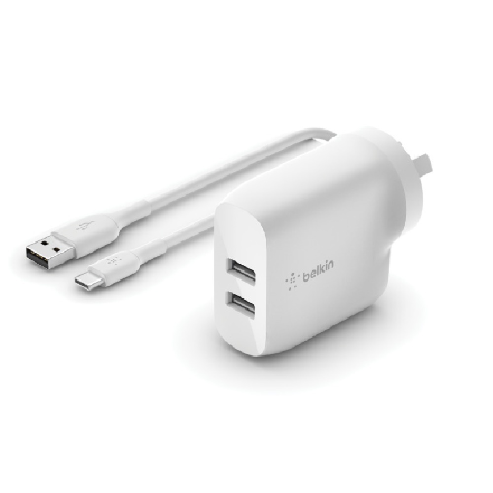 Belkin BOOST???CHARGE??? Dual USB-A Wall Charger 24W + USB-A to USB-C?? cable - White - Dual ports charge two devices at once
