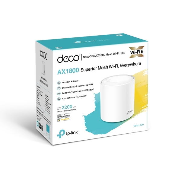 TP-Link Deco X20 (1-pack)AX1800 Whole Home Mesh Wi-Fi 6 System, Up To 200 sqm Coverage, WIFI6, 1201Mbps @ 5Ghz, 574Mbps @ 2.4 GHz OFDMA, MU-MIMO