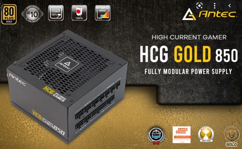 Antec HCG 850w 80+ Gold Fully Modular, 120mm FDB Fan, 2x EPS 8PIN, 100% Japanese Caps, DC to DC, Compact ATX Power Supply, PSU 10 Yrs Wty
