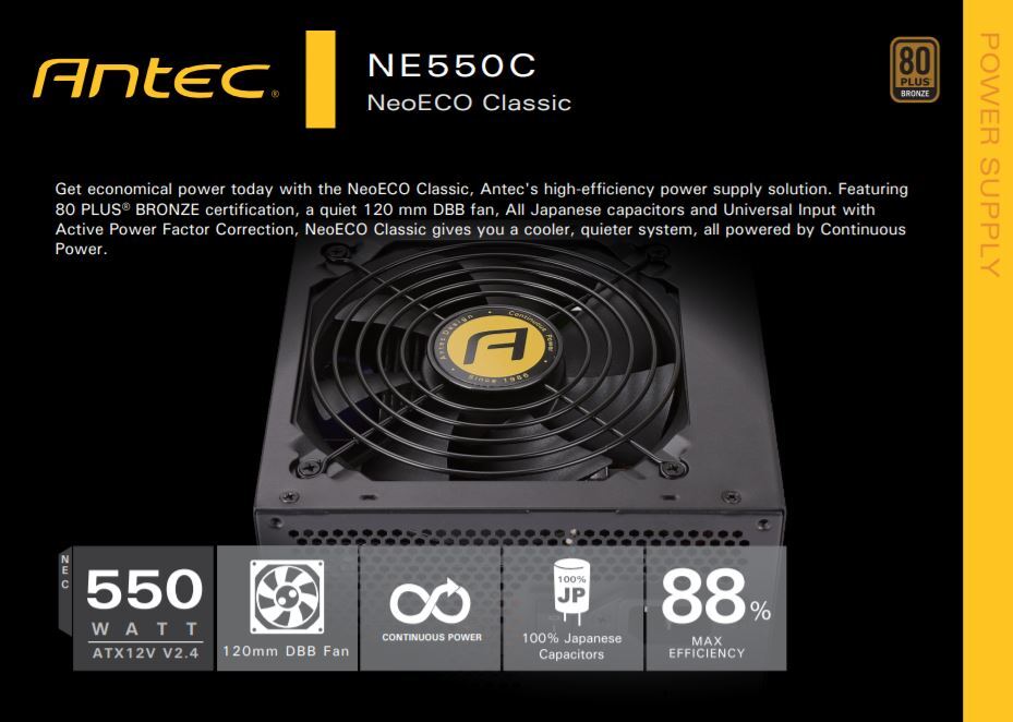 Antec NEv2 550W, 80+ Bronze, 120mm DBB Fan, Flat Cables, High Performance Japanese Capacitors, Thermal Manager, ATX PSU, 5 Years Wty (LS)