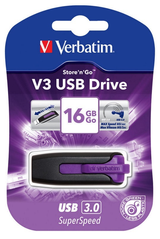 Verbatim 16GB V3 USB3.0 Violet Store'n'Go V3; Rectractable USB Storage Drive Memory Stick
