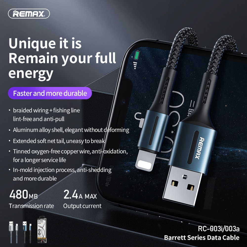 Phone Cable REMAX lightning Type-C Barrett Series Fast Charging Data ...