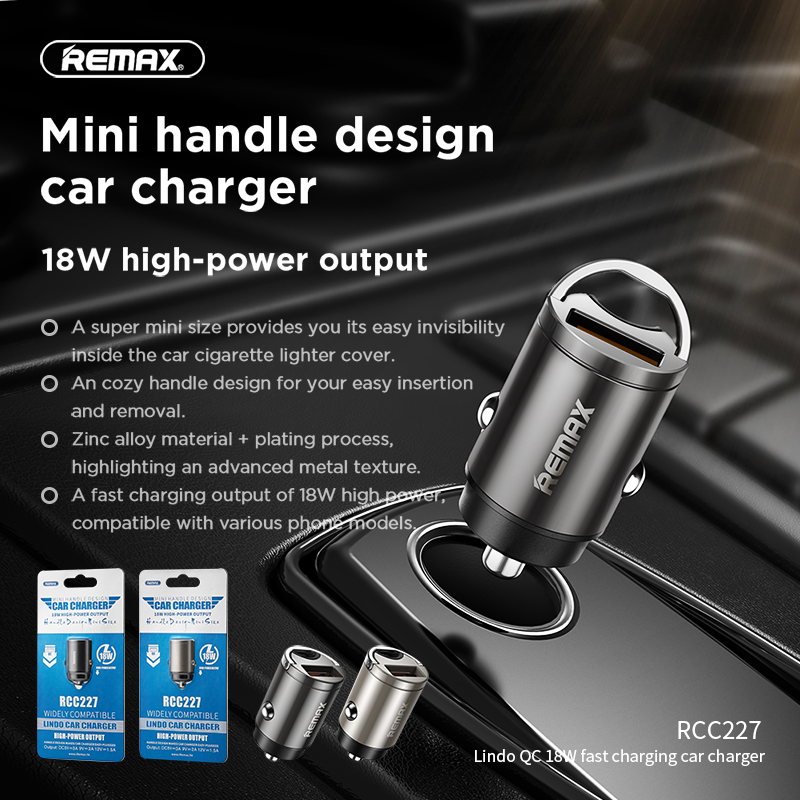 Car Charger Remax 18W Adapter USB Output Fast Charging Mini Handle Invisible