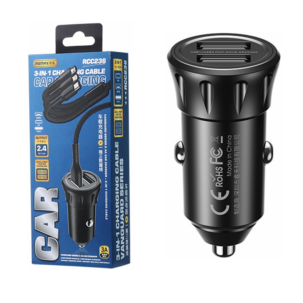 Phone Charger REMAX Vanguard Series Dual USB & Car Charger + 3in1