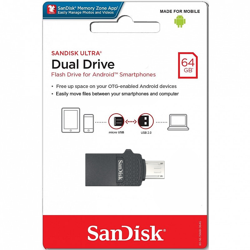 USB SanDisk Dual Drive OTG 2.0 MicroUSB 64GB Flash Drive Memory Stick SDDD1-064G
