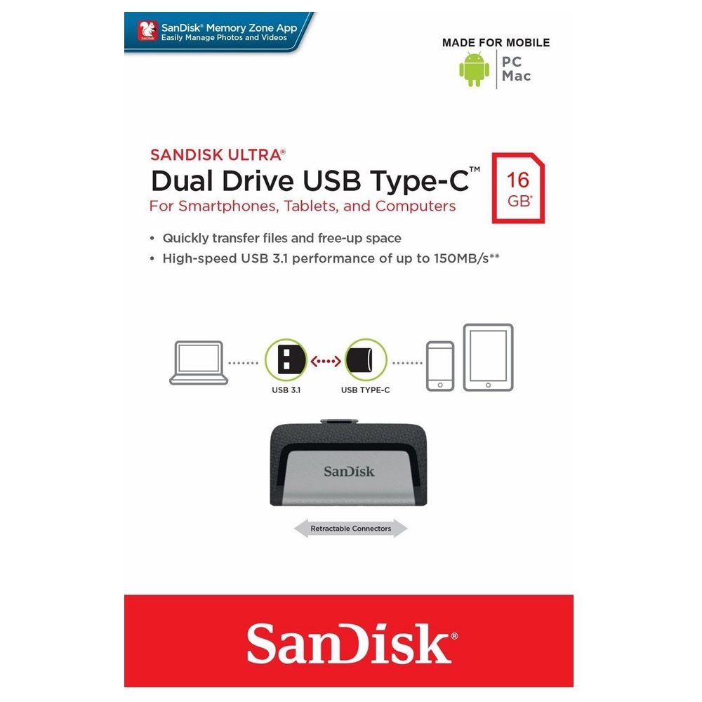 Type-C USB Drive SanDisk Ultra 16GB Dual Type-C USB Flash Drive Memory Stick PC MAC SDDDC2-016G