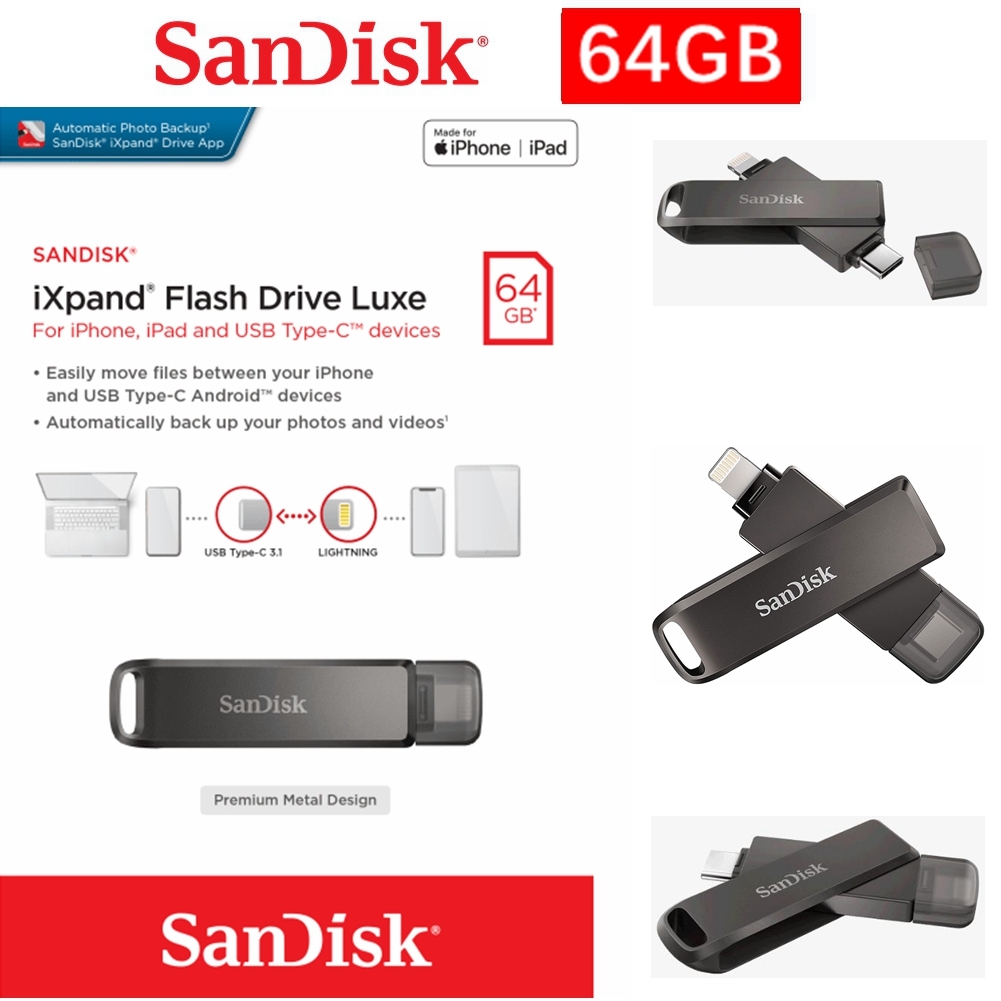 USB SanDisk 64GB iXpand Flash Drive Luxe Lightning & USB Type-C for iPhone iPad