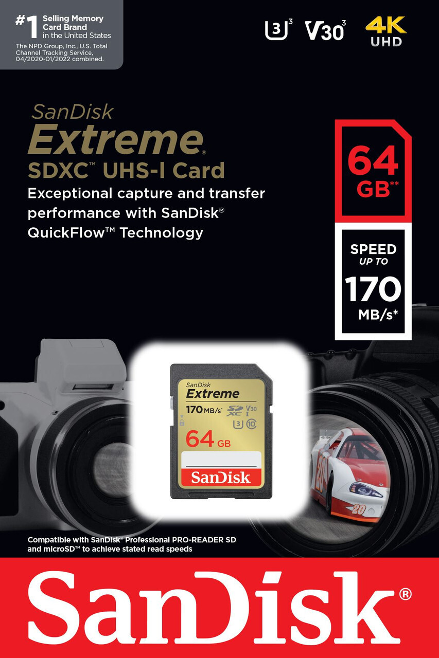 SanDisk Extreme SD Card 64GB Memory Card DSLR 4K UHD Video Camera SDSDXV2-064G