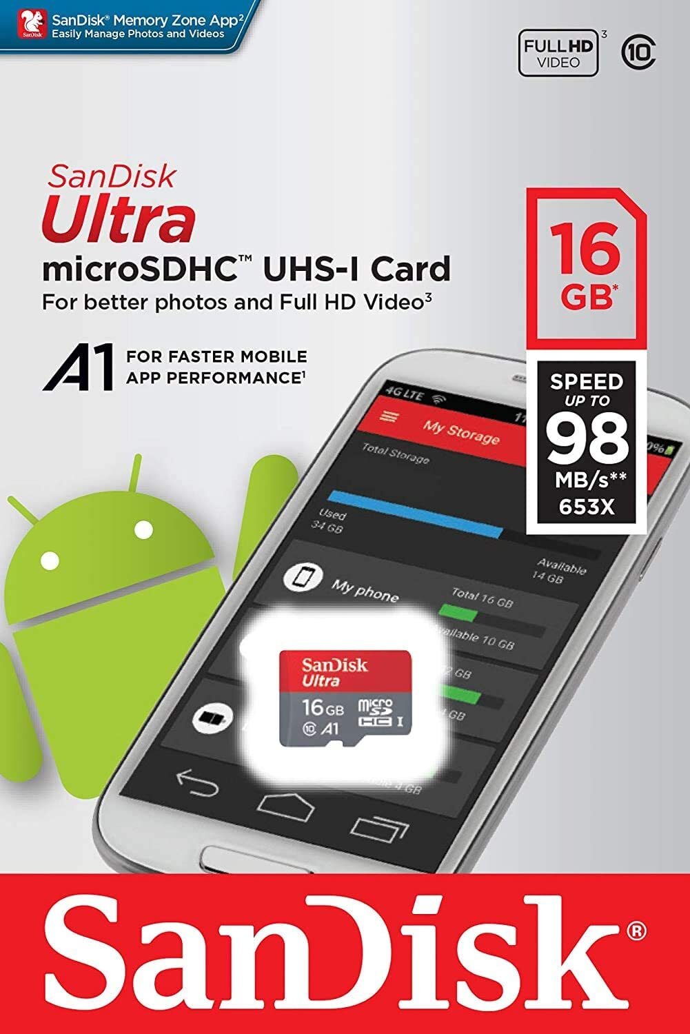 SanDisk Ultra 16GB Micro SD Card SDHC A1 UHS-I 98MB/s Mobile Phone TF Memory Card SDSQUAR-016G