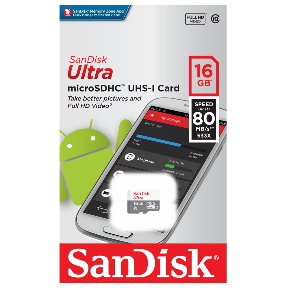 SanDisk Ultra 16GB Micro SD Card microSDHC UHS-I Full HD 80MB/s Mobile Phone Tablet TF Memory Card