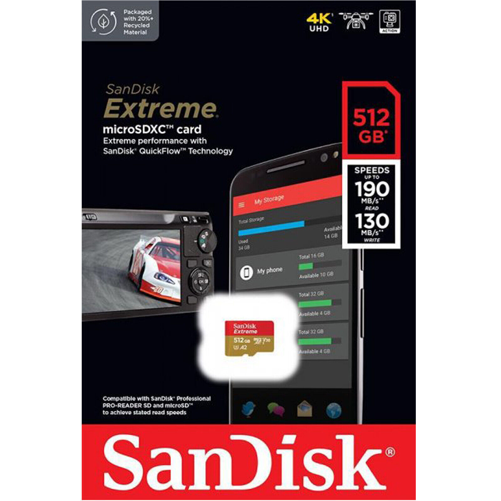 SanDisk Extreme Micro SD 512GB Memory Card Dash Action Cam 190Mb/s SDSQXAV-512G