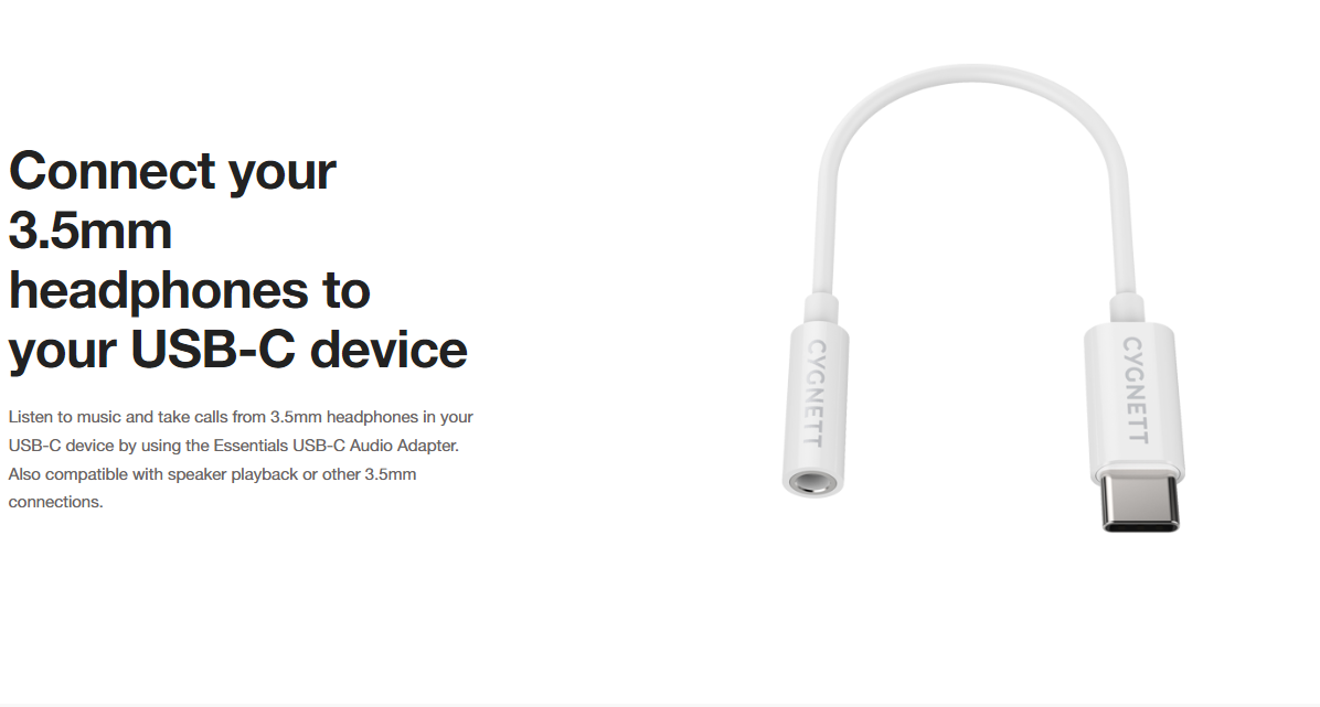 Essentials 3.5mm Headphones to USBC Connection Audio Adapter White