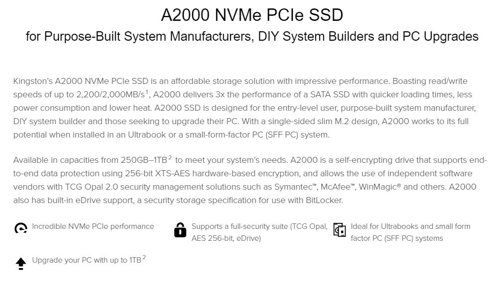 SSD Kingston 250GB 500GB 1TB A2000 2280 PCI Nvme Internal SSD