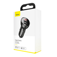 Universal Car Charger Baseus Digital Display Dual USB Cigarette Lighter Grey