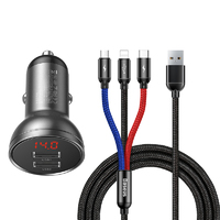 Car Charger & Phone Cable Baseus Digital Display Dual USB with 3-in-1 Cable