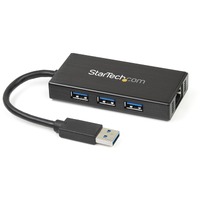 StarTech.com 3 Port Portable USB 3.0 Hub with Gigabit Ethernet Adapter NIC - 5Gbps - Aluminum w/ Cable - 3 Total USB Port(s) - 3 USB 3.0 Port(s)1 -
