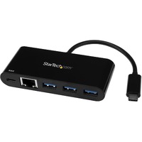 StarTech.com USB/Ethernet Combo Hub - USB Type C - External - Black - Connect to a GbE network and add 3 USB-A ports and Power Delivery charging your