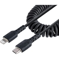StarTech.com 1m (3ft) USB C to Lightning Cable, MFi Certified, Coiled iPhone Charger Cable, Black, Durable TPE Jacket Aramid Fib
