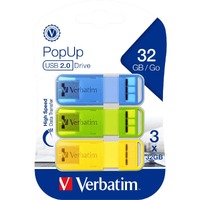 Verbatim Store 'n' Go PopUp 32 GB USB 2.0 Flash Drive - Yellow, Green, Blue - Lifetime Warranty - 3 / Pack
