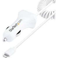 StarTech.com Lightning Car Charger with Coiled Cable, 1m Built-in Cable, 12W, White, 2 Port USB Car Charger Adapter, In Car iPhone Charger - Dual USB