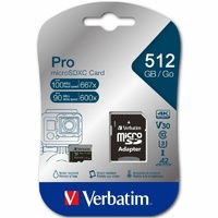 Verbatim Pro Micro SDXC 512GB Class 10 UHS-I U3 w/ Adaptor