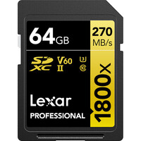 SD Card Lexar Professional 1800x 64GB SDXC UHS-II V60 U3 270MB/s DSLR Cameras