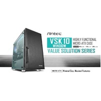 Antec VSK10 Window mATX Case. 2x USB 3.0 Thermally Advanced Builder's Case. 1x 120mm Fan preinstalled. Two Years Warranty