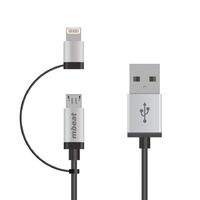 mbeat 1m Lightning and Micro USB Data Cable - 2-in-1 Aluminmum Shell Crush-Proof Nylon Braided Silver for Apple Andriod Tablet Mobile Device (L)