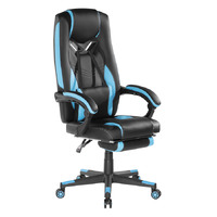 Brateck Premium PU Gaming Chair with Lumbar Support and Retractable Footrest (63x71x119~129cm) up to 150kg-PU Leather,PVC Leather-Black-Blue