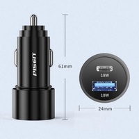 PISEN Dual Port (USB-C PD + USB-A QC) Fast Car Charger 36W - Black, Zinc Alloy Structure, 12-24V Wide Voltage Input