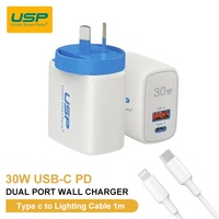 USP 30W Dual Port (USB-A + USB-C) PD Fast Wall Charger + Lightning Cable (1M) - PD + QC3.0 Fast & Safe Charge, Compact, Travel-Ready