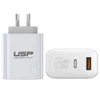 USP 65W Dual Ports (USB-C + USB-A) PD GaN Wall Charger White - Super Fast, PPS technology, Intelligent,Charges 2 devices simultaneously,Laptop Charger