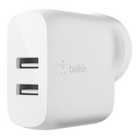 Belkin BoostCharge Dual USB-A Wall Charger 24W - White (WCB002auWH), 2xUSB-A (12W), Dual Port Fast charger, $2,500 Connected Equipment Warranty, 2YR.