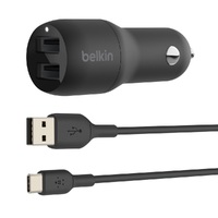 Belkin BoostCharge Dual USB-A Car Charger 24W + USB-C to USB-A Cable (1M) - Black (CCE001bt1MBK),2xUSB-A(12W), Dual Port Fast & Compact Charger, 2YR.