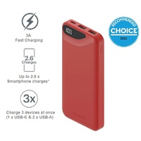 Cygnett ChargeUp Boost 3rd Gen 10K mAh Power Bank - Red (CY4343PBCHE), 1x USB-C(15W),2x USB-A(12W),15cm USB-C Cable,Digital Display,Charge 3 Devices